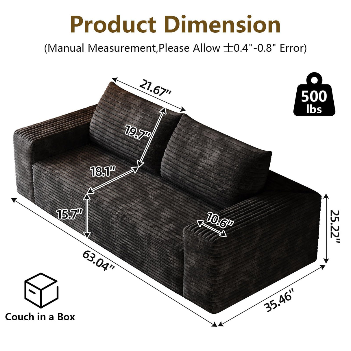 63" Boneless Loveseat Sofa - Cloud Couch with Memory Foam, Comfy Deep Seat - Corduroy Floor Sofa, No Assembly Required - Small Space Friendly for Living Room, Bedroom, Apartment, Black Sgapork