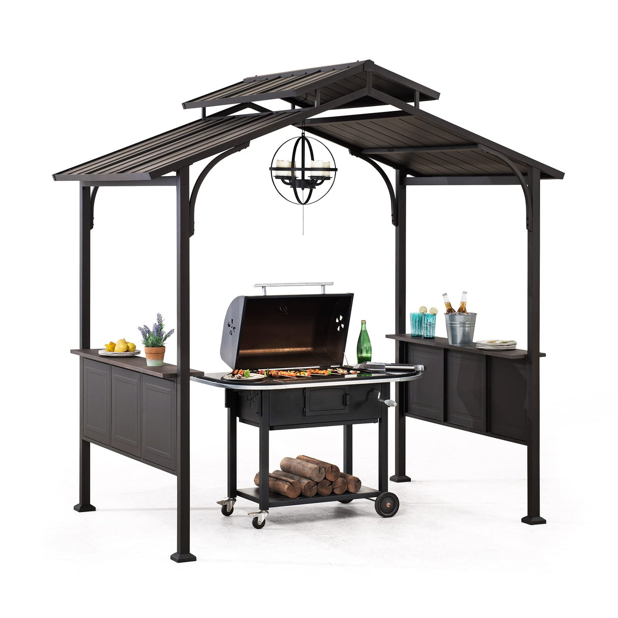 Sunjoy Grill Gazebo 5 ft. x 8 ft. Brown Steel Frame Double Tiered Hardtop Gazebo with Ceiling Hook and Shelves Sunjoy