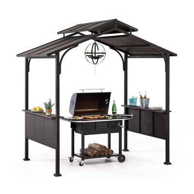 Sunjoy Grill Gazebo 5 ft. x 8 ft. Brown Steel Frame Double Tiered Hardtop Gazebo with Ceiling Hook and Shelves