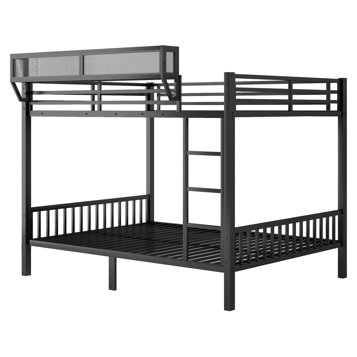KEIKI Queen Over Queen Size Metal Bunk Bed Frame with Ladder and Built-in Storage Shelves, for Teens, Bunk Bed with Solid Slats, Guardrail, No Box Spring Required, Easy Assembly, for Bedroom, Black KEIKI