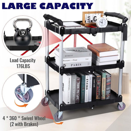 Folding Service Cart Heavy Duty 176 LBS w/ 360° Swivel Wheels Ergonomic Red Handle Foldable Utility Cart for Office Garage Home Kitchen Storage Collapsible Tool Cart COZONY