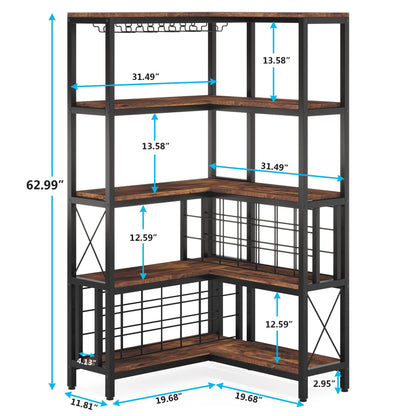 Tribesigns Large Corner Wine Rack, 5-Tier L Shaped Industrial Freestanding Floor Bar Cabinets for Liquor and Glasses Storage, Wooden Wine Bottle Holder Shelf for Home Kitchen (Rustic Brown) - WoodArtSupply