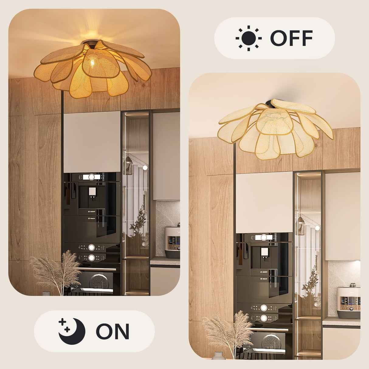 GloMuse Rattan Ceiling Light Rustic Chandelier Boho Pendant Light Wicker Light Fixture Hand-Woven Rattan Hanging Lamp Boho Lamp for Hallway Entryway Kitchen Island Dining Room Bedroom GloMuse