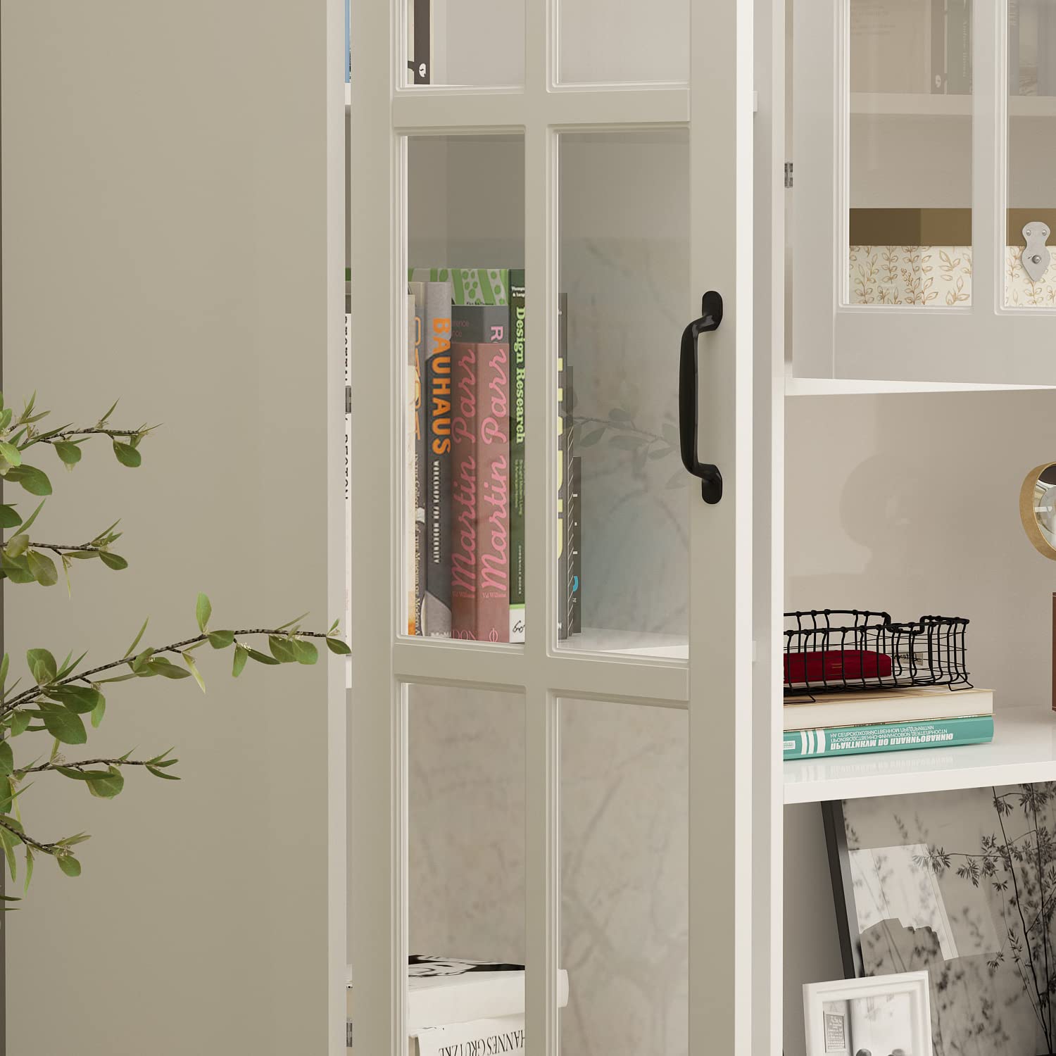 Homsee Elegant Tall Bookcase with Glass Doors, 15 Compartments & Storage Drawers in White - WoodArtSupply