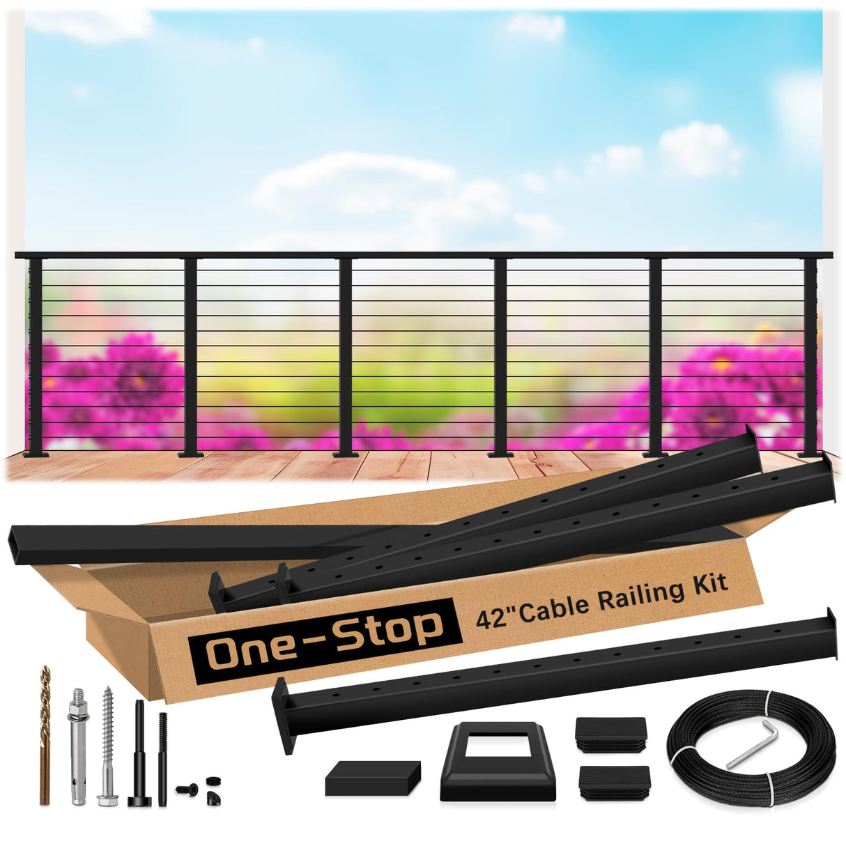 Zylorix 16ft-20ft Complete Set Cable Railing System, 42" Black T304 Stainless Steel Cable Railing Posts Kit with Adjustable Handrail Cable Rail, One-Stop Super Easy DIY for Outdoor Level Decks Zylorix