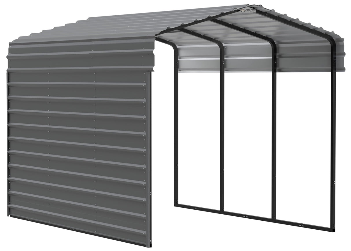 Arrow Carports Galvanized Steel Carport, with 1-Sided Enclosure, Compact Car Metal Carport Kit, 10' x 15' x 9', Charcoal Arrow Shed