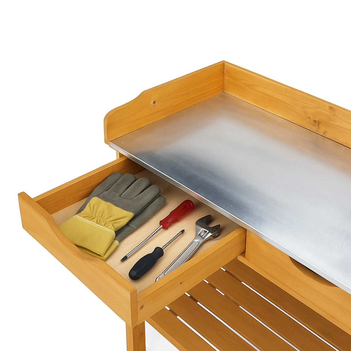 Outvita Outdoor Garden Potting Bench Table Work Bench with 2 Drawer, Storage Shelf, Metal Tabletop, 3 Hooks for Horticulture, Natural Wood Outvita