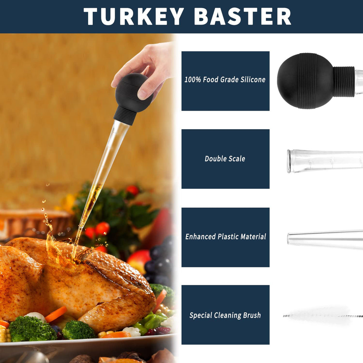 Kendane Turkey Baster With Cleaning Brush, Baster Syringe for Home Baking and Roaster Turkey, Include Detachable Food Grade Bulb with Double Scales for BBQ Grill Baking Kitchen Cooking Kendane