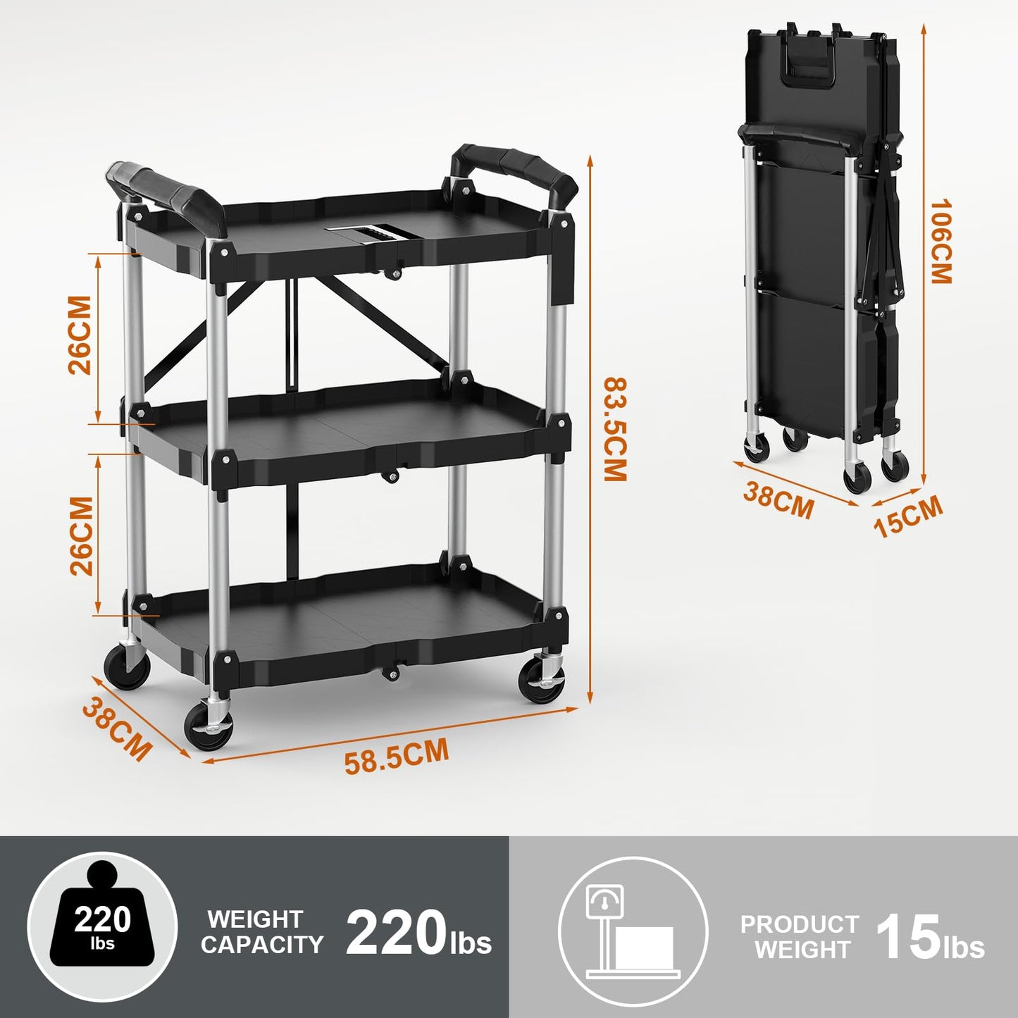 Himix Foldable Service Carts with Wheels, 3 Tier Portable Folding Utility Rolling Tool Cart, Collapsible Storage Cart, Holds 220lbs Plastic Push Cart - WoodArtSupply