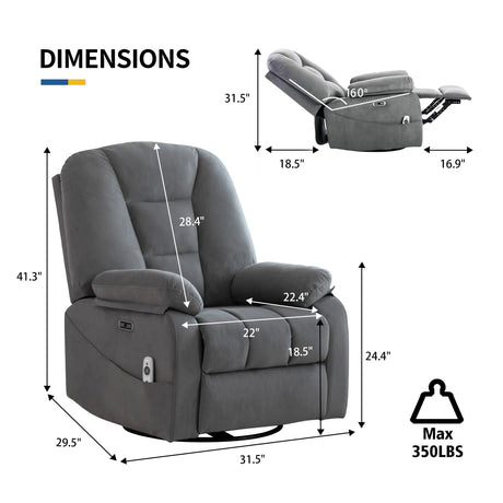 Sftaiyou Power Swivel Rocker Recliner Chair for Adults,Rocking Reclining Chair for Living Room with Massage and Heat, Electric Fabric Recliner Sofa Chair with USB and Type-C Port (Gray) Sftaiyou