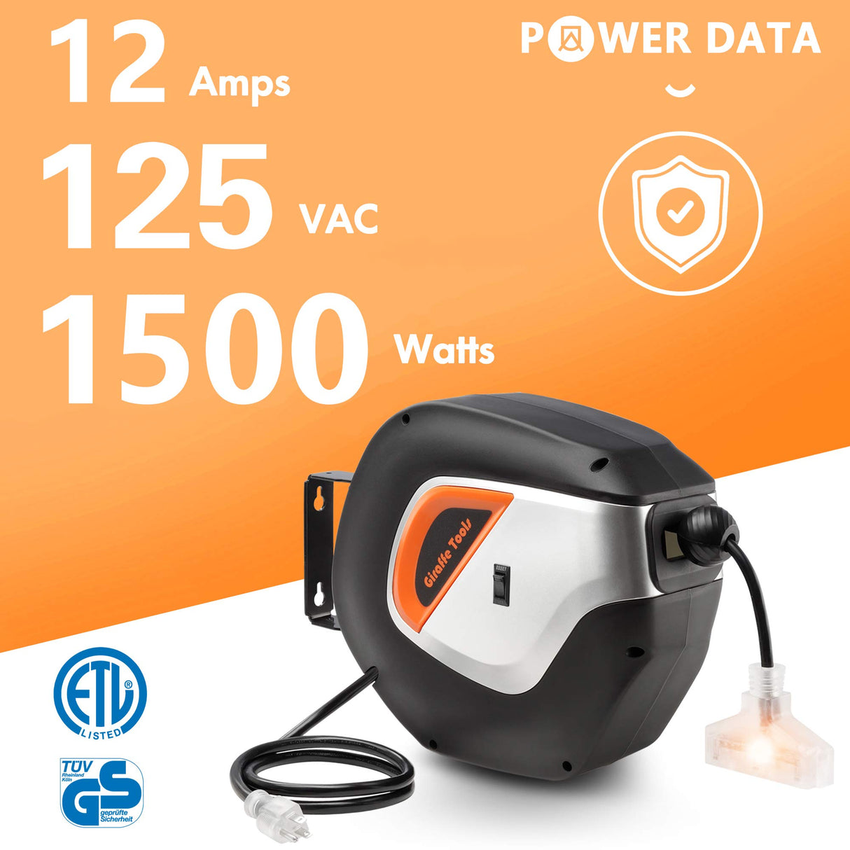 Giraffe Tools Retractable Power Cord Reel, 50ft 12AWG/3C SJT Heavy Duty Extension Cord Storage Reel Wall/Ceiling Mount for Garage with Lighted Triple Tap Giraffe Tools