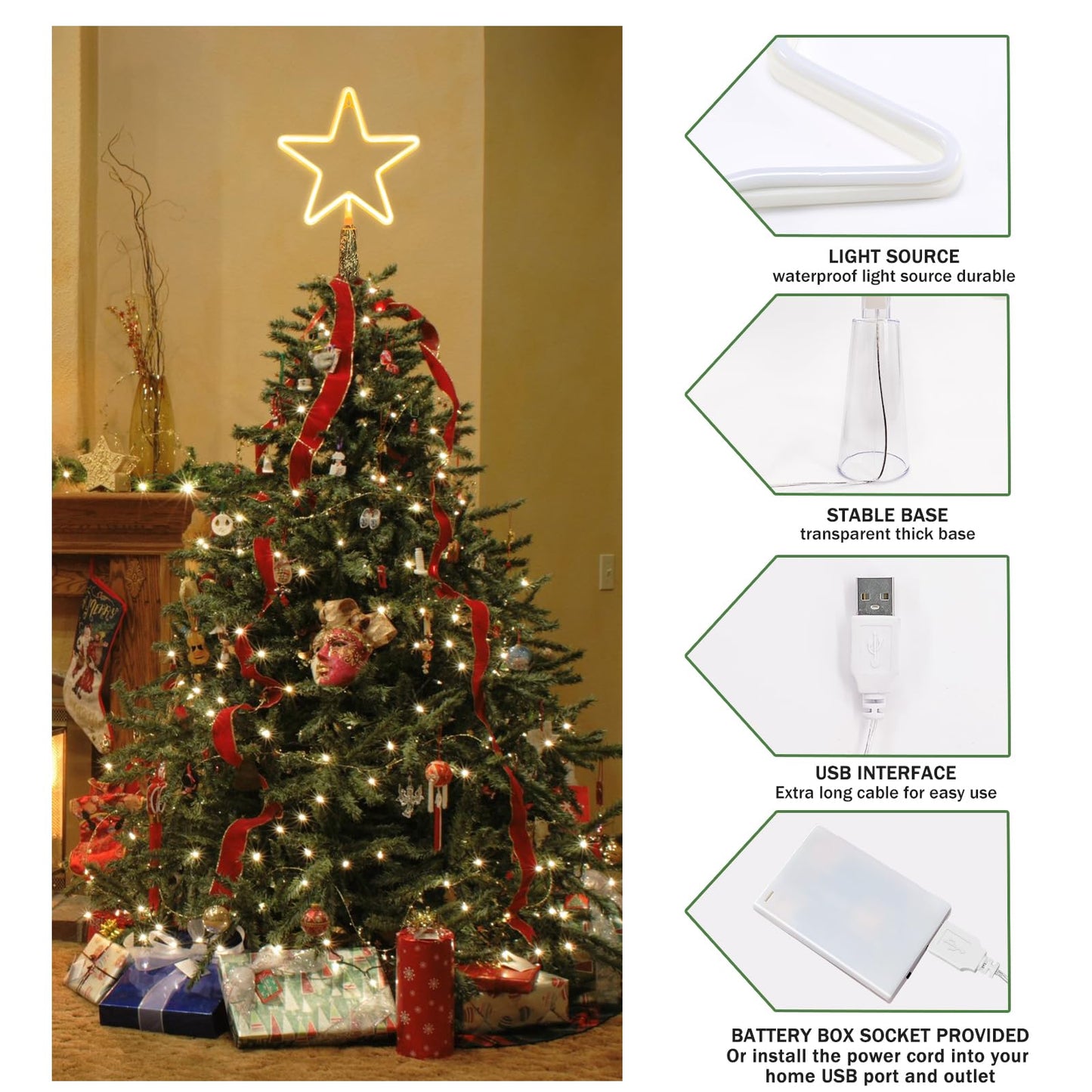 KOUPA 14.5-Inch Christmas Tree Topper Large 5 Point Star Treetop with LED Warm White Lights for Xmas Ornaments and Holiday Seasonal Tree Decorations