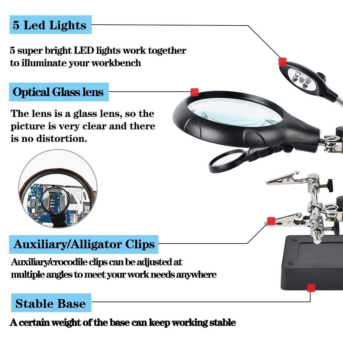 Beileshi 2.5X 7.5X 10X LED Light Helping Hands Magnifier Soldering Station,Magnifying Glass Stand with Auxiliary Clamp and Alligator Clips Beileshi
