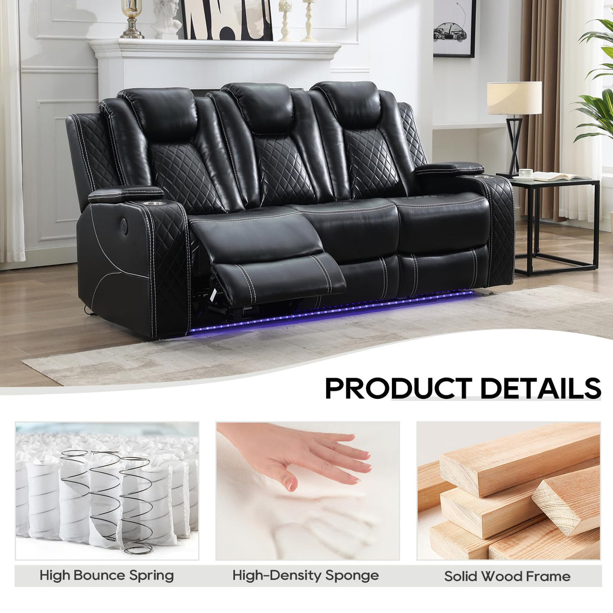 Power Reclining Sofa Couch with Wireless Charger, 3 Seaters with Recliner with Reading Light, Leather Electric 3 Seat Sofa Sectional Set for Living Room, Home Theater Seating with LED Lights, Black Comfort Stretch