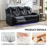 Power Reclining Sofa Couch with Wireless Charger, 3 Seaters with Recliner with Reading Light, Leather Electric 3 Seat Sofa Sectional Set for Living Room, Home Theater Seating with LED Lights, Black Comfort Stretch