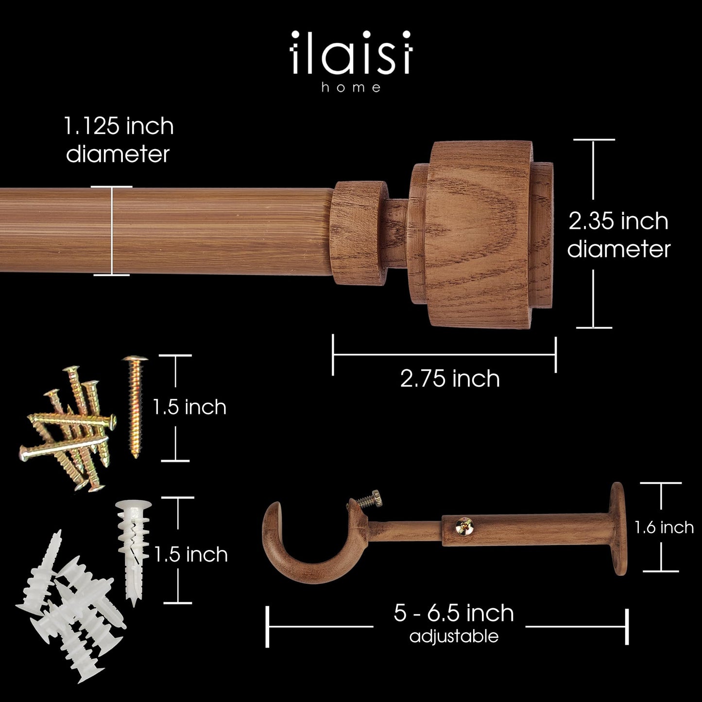 ILAISIHOME 1-1/8 Inch Diameter Faux Wood Curtain Rod with Wood Grain Finials, 36-72 inch Telescoping Single Curtain Rods for window width 24-68 inch, 1 pack