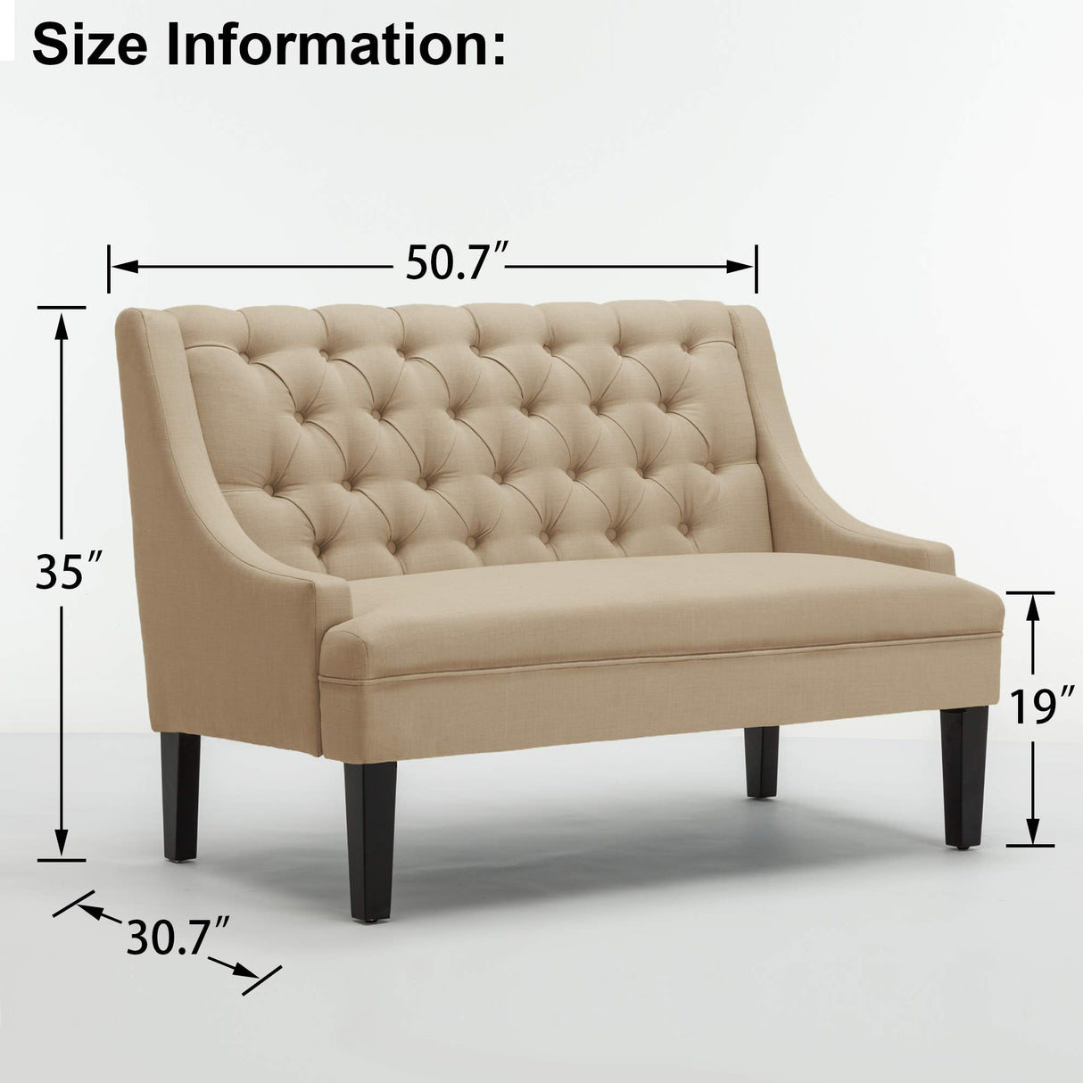 Tongli 50" Small Modern Loveseat Settee Sofa Linen Fabric 2-Seat Sofa Couch Tufted Love Seat Dining Bench with Back Upholstered Banquette Sofas for Living Room Bedroom Small Space Entryway Tan Tongli