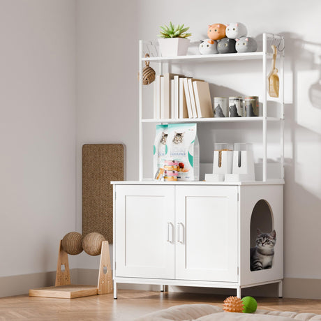 Cozy Castle Litter Box Enclosure, 57'' Cat Litter Box Furniture with Large Cabinet, Shelves and 4 S-Hooks, Hidden Cat House for Most of Litter Boxes, Wooden Pet Washroom Indoor, White Cozy Castle