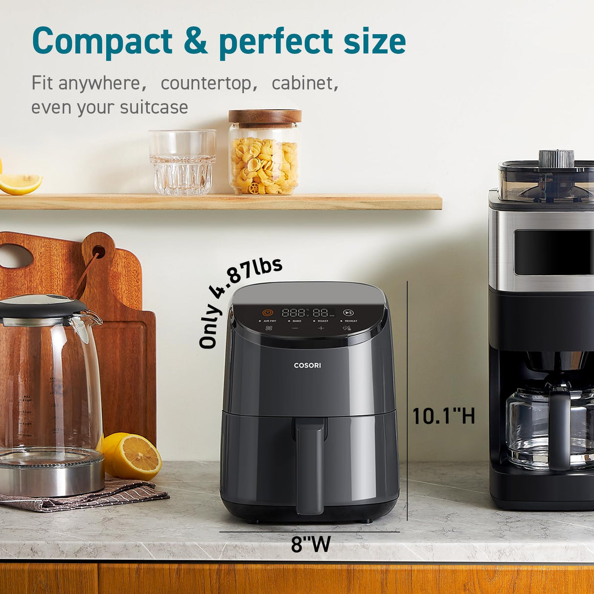 COSORI 2.1-Quart Air Fryer, Small 4-in-1 Air Fryer Ideal for Simple Meals and Snack, Easy to Leftover Food to Crispy, Up to 97% Less Oil, 30 In-App Recipes, Nonstick & Dishwasher-Safe Basket COSORI