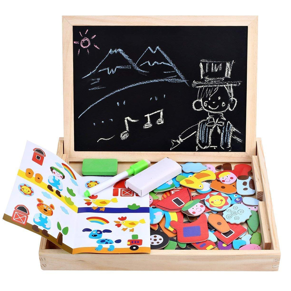 Wooden Toy Magnetic Board Puzzle Games , Double Side Jigsaw &Drawing Sketchpad Writing Dry Erase Board Chalkboard Educational Toys for Kids Angelo home