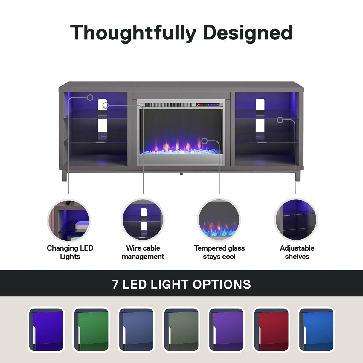 Ameriwood Home Lumina Fireplace TV Stand for TVs up to 70 Inch, Replaceable Electric Fireplace Insert Heater, Remote Control, Timer, Color Changing LED Lights, Crystal Ember Flames, Graphite Gray Ameriwood Home