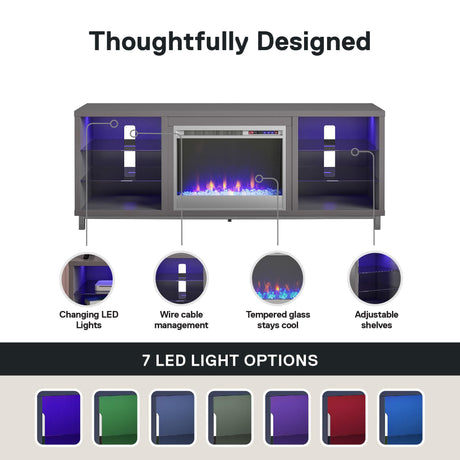 Ameriwood Home Lumina Fireplace TV Stand for TVs up to 70 Inch, Replaceable Electric Fireplace Insert Heater, Remote Control, Timer, Color Changing LED Lights, Crystal Ember Flames, Graphite Gray Ameriwood Home
