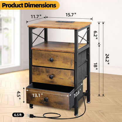 3 Drawer Wood and Metal Nightstand with LED Lights - 16"W×12"D×24"H Small Wood End Table with Charging Station, 20 Colors LED Bedside Table with Open Shelf, 3 Fabric Drawers with Wooden Front Panel