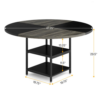 Tribesigns 47 inch Round Dining Table for 4, Wood Kitchen Table Large Dinner Table with Storage Shelf Metal Legs for Home Dining Room Living Room, Black Rustic Grey(Only Table)