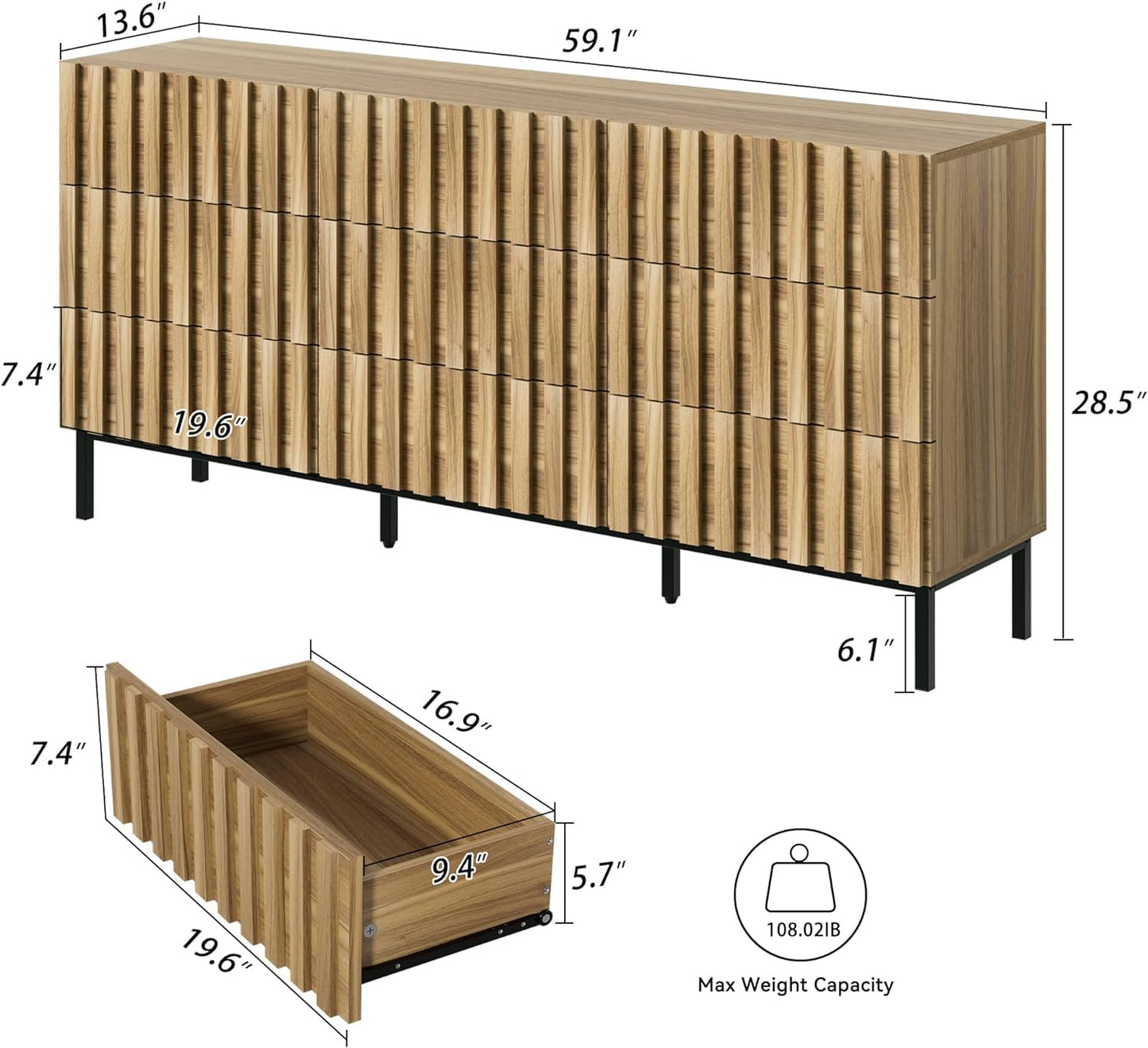 UEV Mid Century Modern Dresser,9 Drawer Dresser for Bedroom Natural Wood,Light and Fluted Double Chest of Drawers,Accent Large Storage Dresser with Metal Stand - WoodArtSupply