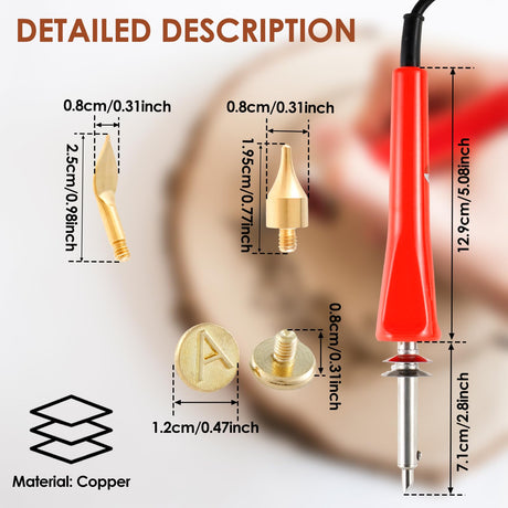 Wood Burning Tip Set, 26 Letters Wood Burning Tip Kit Copper Letter Number Soldering Iron Stencils DIY Embossing Carving Head Tools Wood Burning Set for DIY Embossing and Carving Crafts Wood Burning ZLHETWT