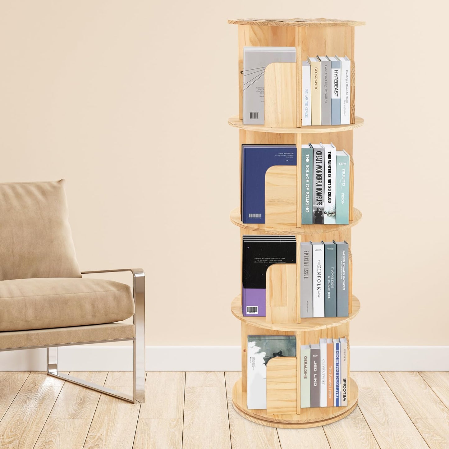 ZAWAYINE 4-Tier 360° Rotating Wooden Bookshelf with Stackable Shelves for Living Room and Office Storage - WoodArtSupply