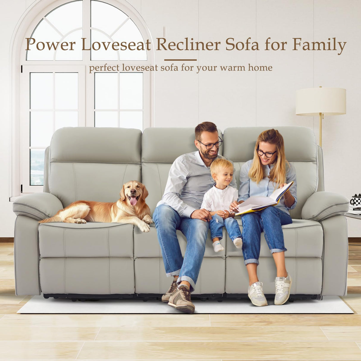 Neptane Power Reclining Sofa with Fold Down Table, Breathable Leather Electric Reclining Couch, Power Loveseat Recliner Sofa with Cup Holders/Outlets/USB-C/A Ports for Living Room(Grey, 3 Seat) Neptane