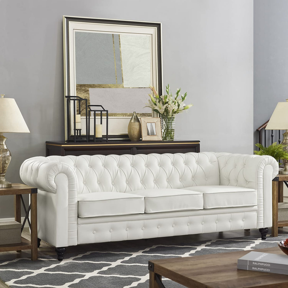 Naomi Home Emery Chesterfield Sofa with Rolled Arms, Tufted Cushions / 3 Seater Sectional Sofa Couch for Small Spaces, Living Room, Bedroom, Apartment Easy Tool-Free Assembly – Off White Naomi Home
