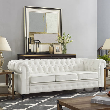 Naomi Home Emery Chesterfield Sofa with Rolled Arms, Tufted Cushions / 3 Seater Sectional Sofa Couch for Small Spaces, Living Room, Bedroom, Apartment Easy Tool-Free Assembly – Off White Naomi Home
