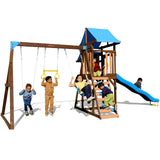 Sportspower™ Rosemont Wooden Swing Set with 8' Slide, 2 Adjustable Swings, Trapeze, Play Fort with Rock Climber, Sandbox, Picnic Table, Chalk Tarp & Anchor Kit, Outdoor Playset for Kids Ages 3–8 Sportspower