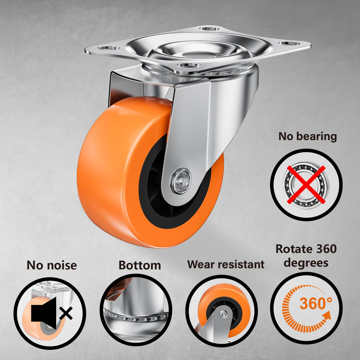 2 Inch Casters, ASHGOOB Caster Wheels/Casters Set of 8, 360° Swivel Universal Plate Caster Wheels for Storage Box/Small Furniture/Kitchen Appliances, Orange Polyurethane (PU) Castors (8 Pack) ASHGOOB