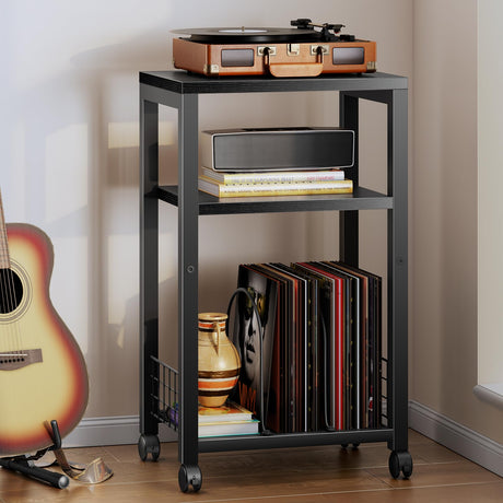 Kalrin Small Side Table, 3 Tier Moveable Small End Table, Record Player Stand with Records Shelf, Tall Nightstand for Bedroom, Living Room, Sofa, Office, Bathroom (Pure Black) Kalrin