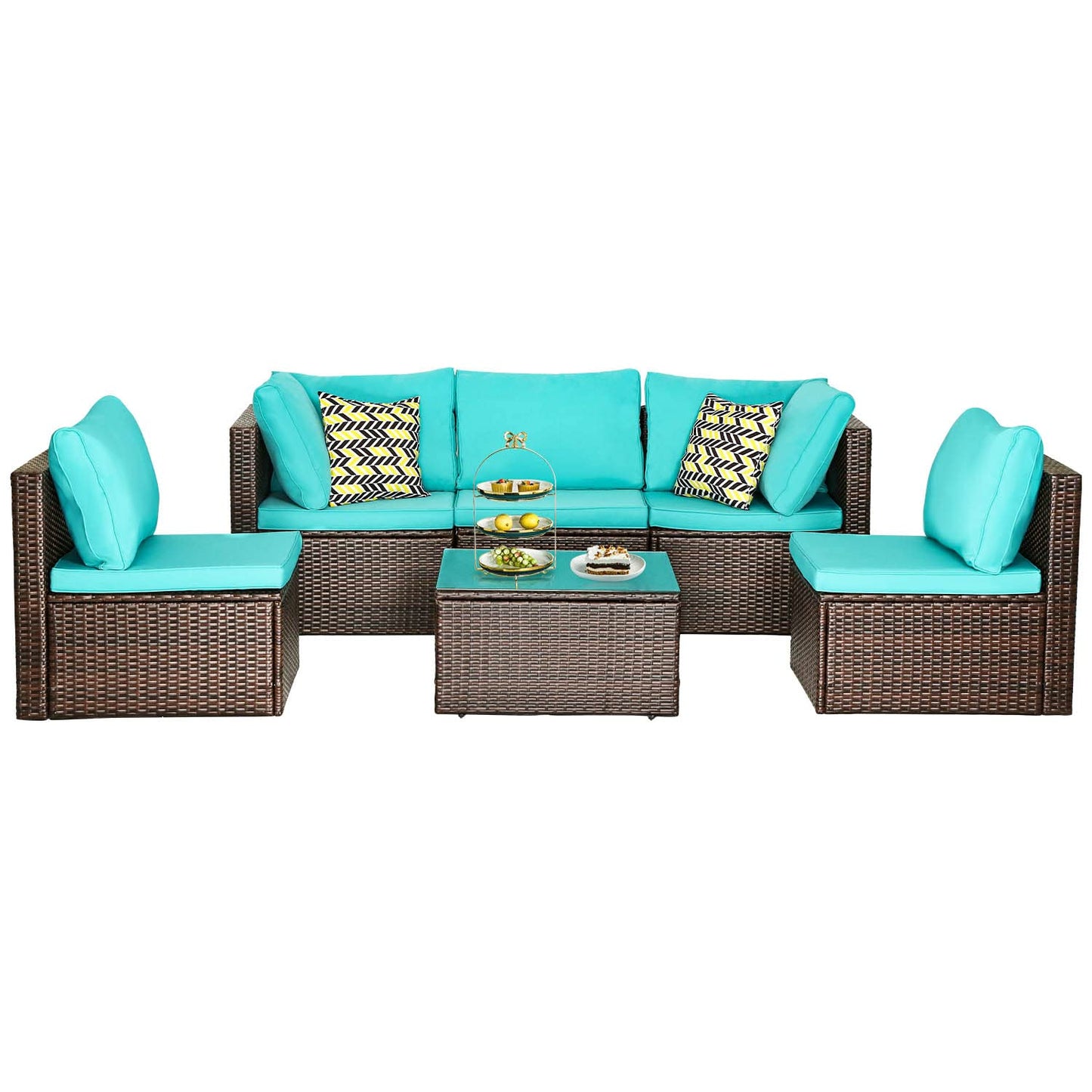 Outdoor Furniture Patio Sets 6 Pieces Wicker Conversation Set Sectional Sofa Garden Furniture All-Weather Tea Table&Washable Couch Cushions&Upgrade Brown Rattan,Blue Cushion