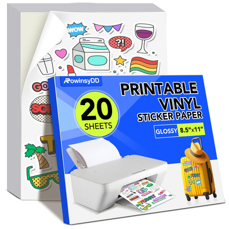 20 PCS Printable Vinyl Sticker Paper for Inkjet Printer & Laser Printer,Standard Letter Size 8.5"x11",Waterproof Sticker Paper Dries Quickly Vivid Colors,Matte White RowinsyDD