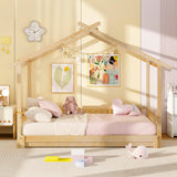 KOMFOTT Wood Extendable House Bed, Twin to King House Daybed with Safety Rails & Decorable Roof, Montessori Daybed, No Box Spring Needed, Roof-Shaped Floor Daybed for Kids, Teens (Natural) KOMFOTT