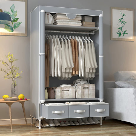 ASSICA Portable Clothes Closet Rolling Door Wardrobe with Hanging Rack Non-Woven Fabric Storage Organizer with Three Drawer Boxes No-Tool Assembly - 35.4 x 17.7 x 67.0 ‘’ (Gray) ASSICA