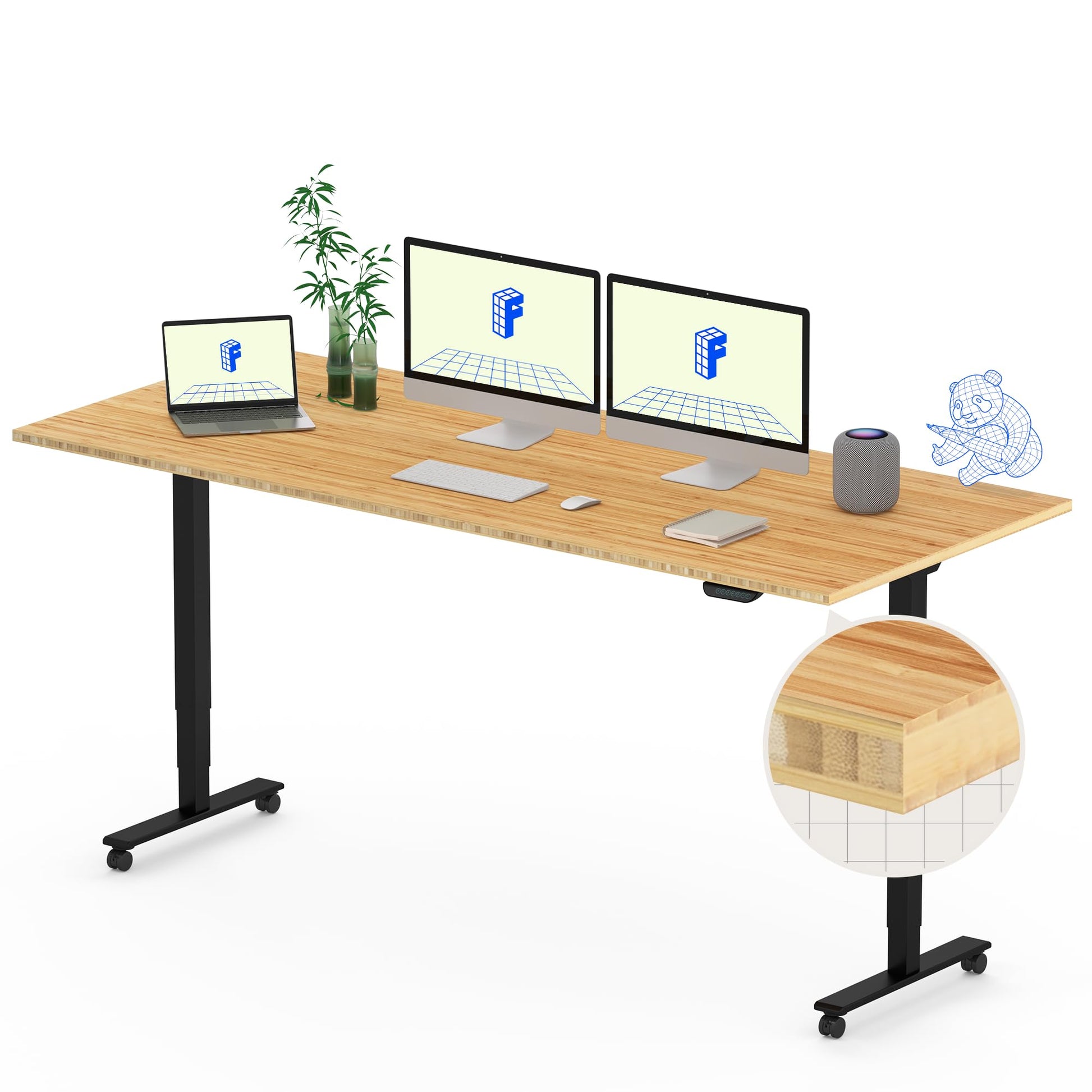 FLEXISPOT E6 Bamboo Dual Motor 3 Stages Standing Desk 72x30 Inch Whole-Piece Board Electric Height Adjustable Desk Stand Up Desk Large Load Capacity(Black Frame + Bamboo Desktop) - WoodArtSupply