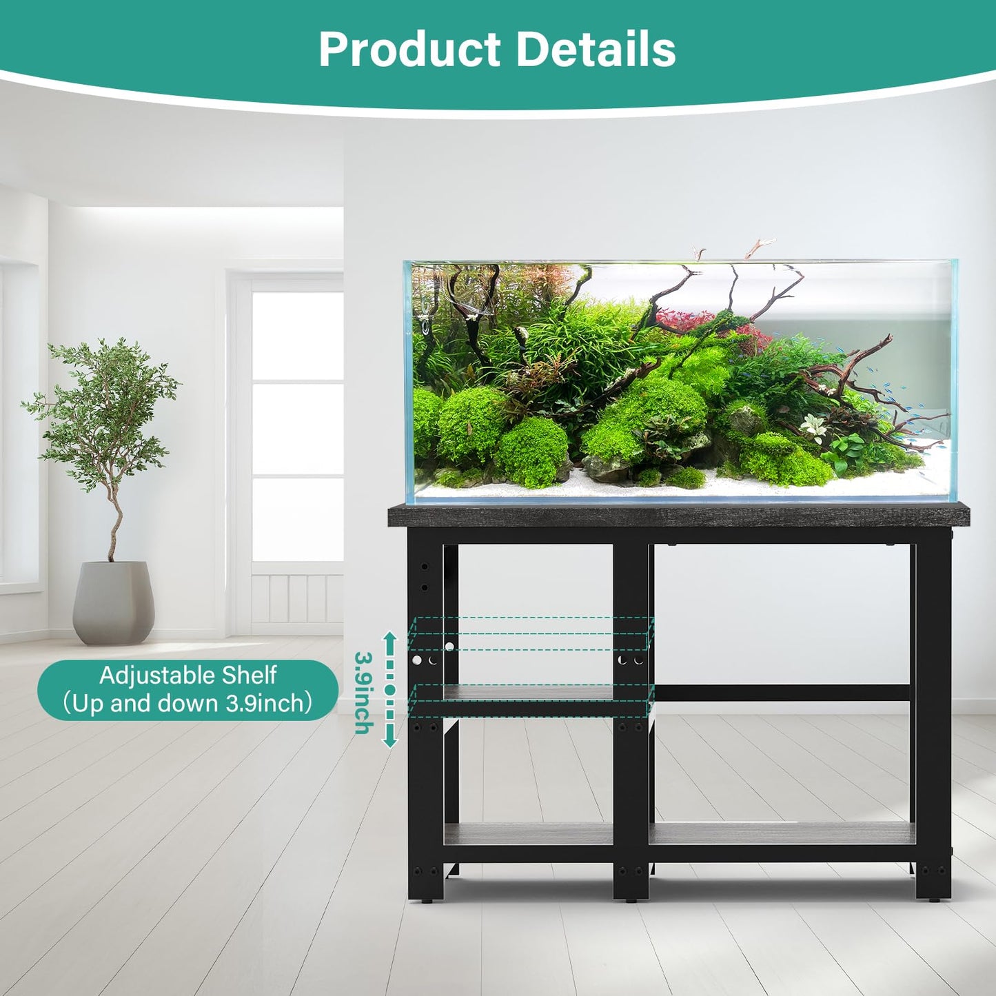 AQQA 40-50 Gallon Fish Tank Stand, 36x18 Inch Heavy Duty Metal Frame Aquarium Stand, Adjustable Storage Shelves, 720LBS Capacity Terrarium Stand, 3 Tiers Reptile Tank Stand