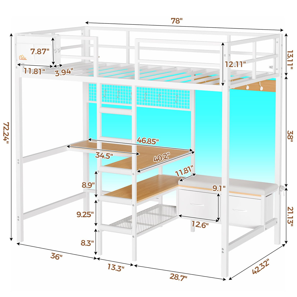 DICTAC Twin Loft Bed with L-Shaped Desk, Storage Shelves and Charging Station Twin Size Metal Loft Bed with LED Lights and Coat Rack with 2 Storage Drawers,Top Bunk with Safety Guard & Stair, White DICTAC