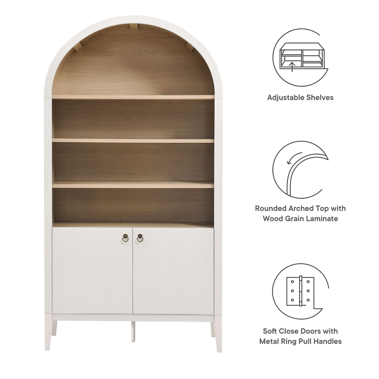 Modway Nolan Tall Arched Storage Display Cabinet in Ivory - 74 Inch Arch Bookshelf with Open and Closed Shelving - Modern Accent Cabinet for Living Room, Dining Room Modway