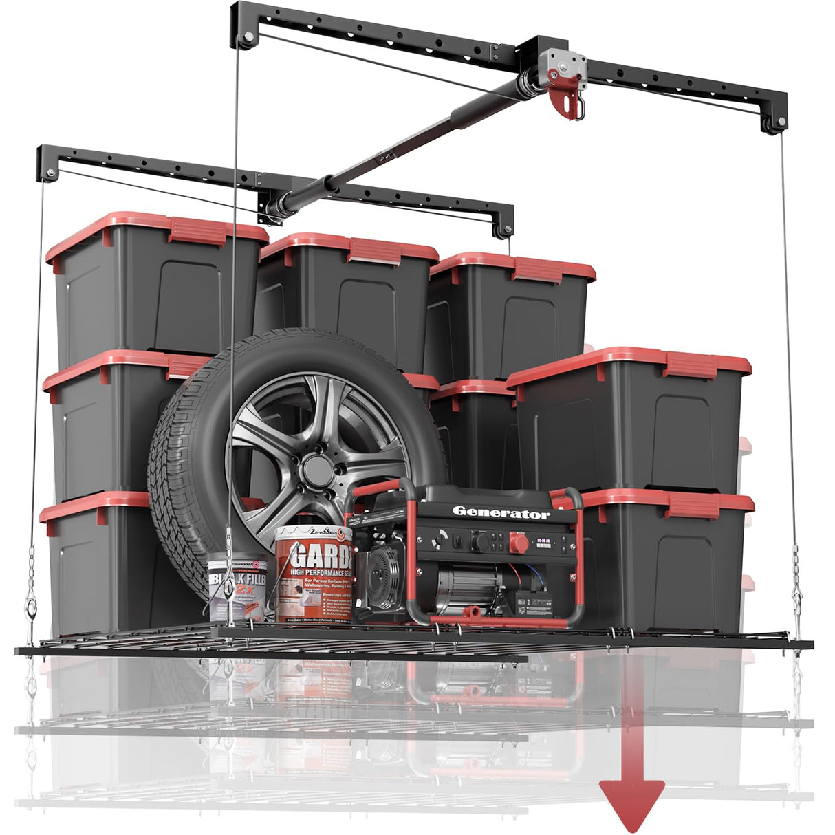 Overhead Garage Storage Rack for 12–14 FT Ceiling, Heavy-duty 4x4 FT Ceiling Storage Racks with Safety Lock, Ideal for Garage Storage Mounted Lift System and Storage Organizer, 250lbs Capacity KOKORACKER