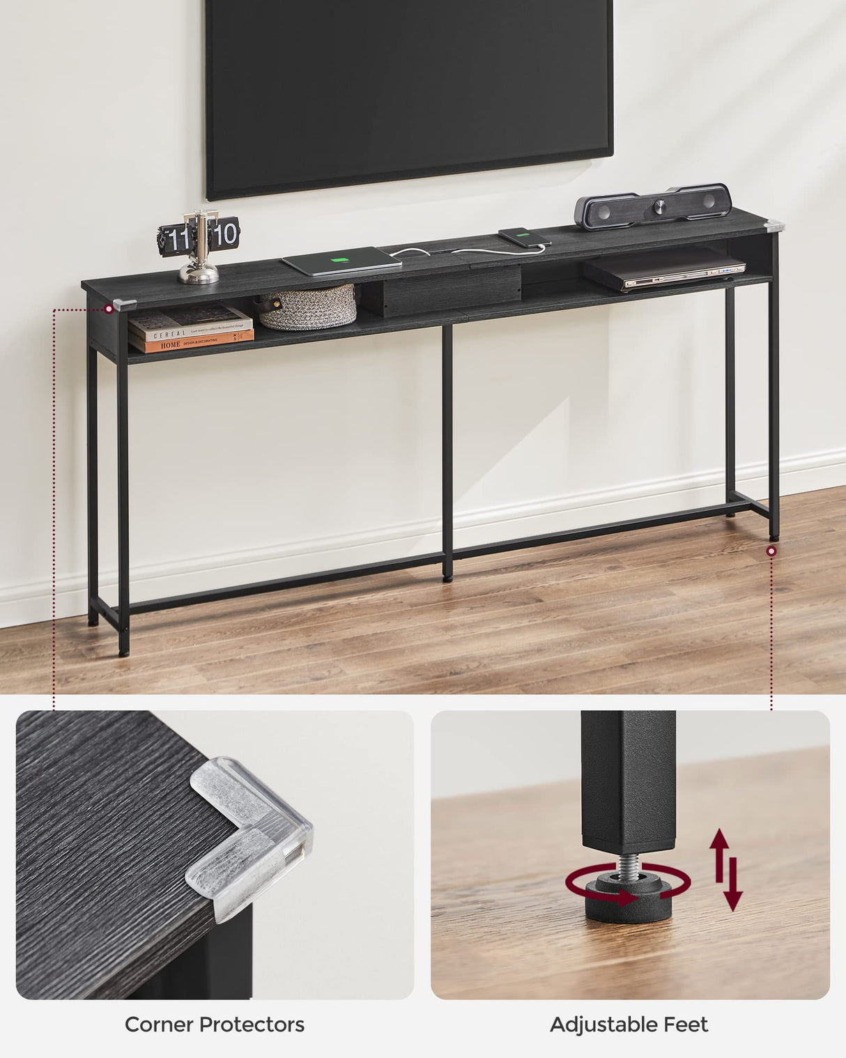 VASAGLE 70.9-Inch Console Table with Outlet and Shelves, Sofa Table with Charging Station, Behind Couch Table Skinny, Entryway Table for Hallway, Living Room, Charcoal Gray and Ink Black ULNT118B22 VASAGLE