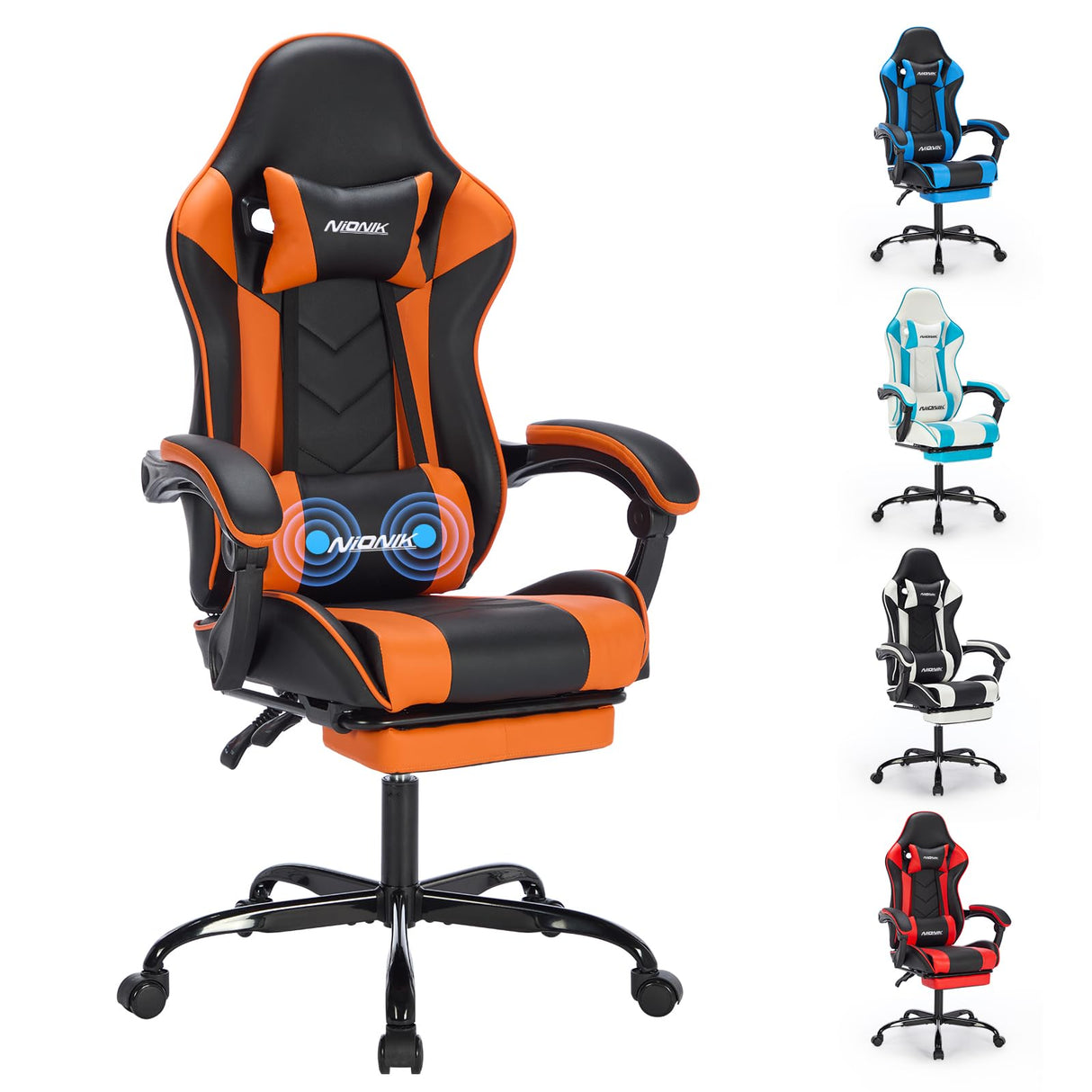Gaming Chair with Footrest and Massage Lumbar Support, Ergonomic Computer Chair Height Adjustable with Swivel Seat and Headrest, Video Game Chair Swivel Computer Recliner for Adults NIONIK
