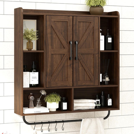 RUSTOWN Rustic Wood Wall Bathroom Cabinet, Farmhouse Medicine Cabinet Wall Mounted, Space Saving Wall Storage Cabinet with 2 Barn Door, 3-Tier Adjustable Shelves and Towel Bar(Dark Walnut) RUSTOWN