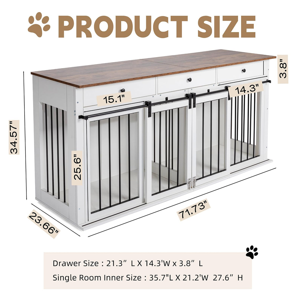 Sunseen Dog Crate Furniture Large Breed Wooden Dog Kennel with Room Divider & 3 Drawer,Double Doors Heavy Duty Dog Crate End Table Indoor TV Stand for Small Medium Large Dog,72''W*24''D*35''H,White sunseen